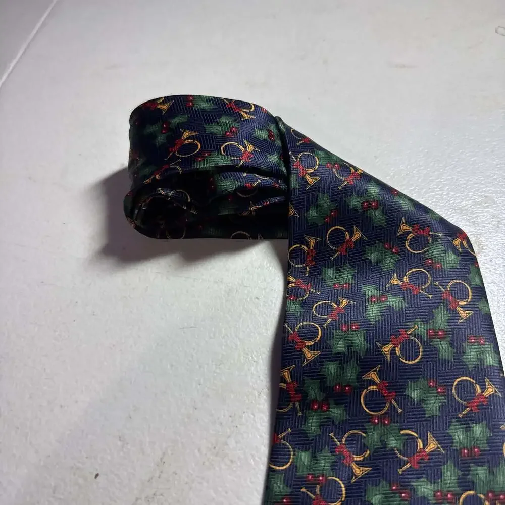 Christmas Holiday Necktie - Blue with Holly and French Horn Pattern